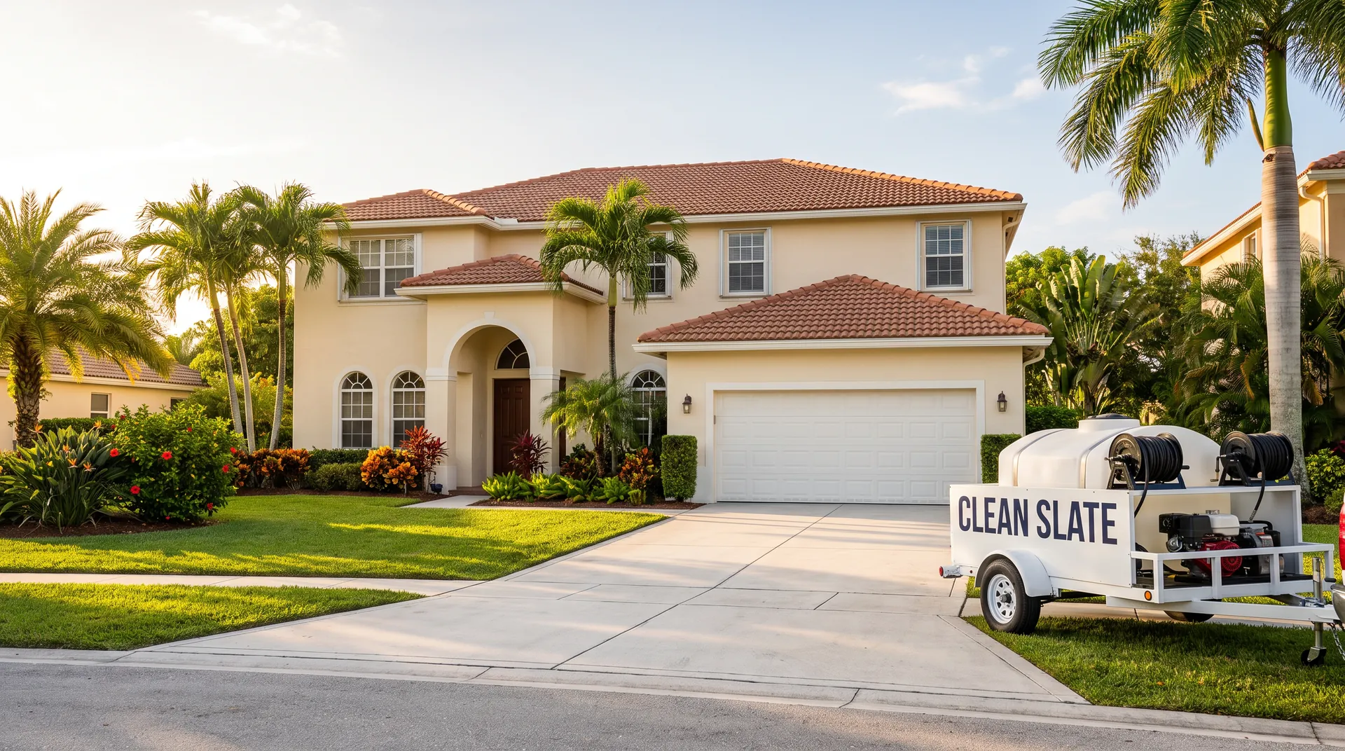 After: the same house with a clean driveway, roof and walls.